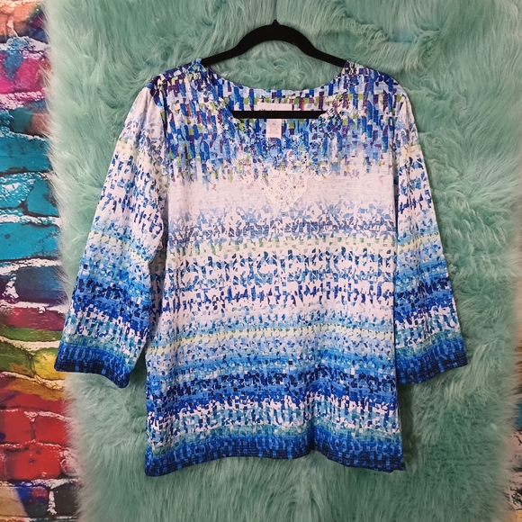 Alfred Dunner Blue White and Green Half Sleeve Top Size XL - Picture 3 of 9